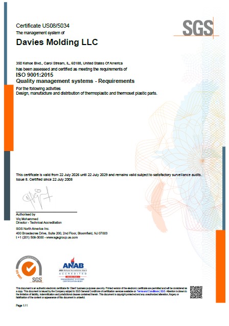 ISO 9001 - 2015 Davies Molding Certification