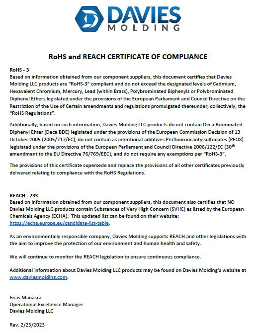 RoHS and Reach Certificate of Compliance